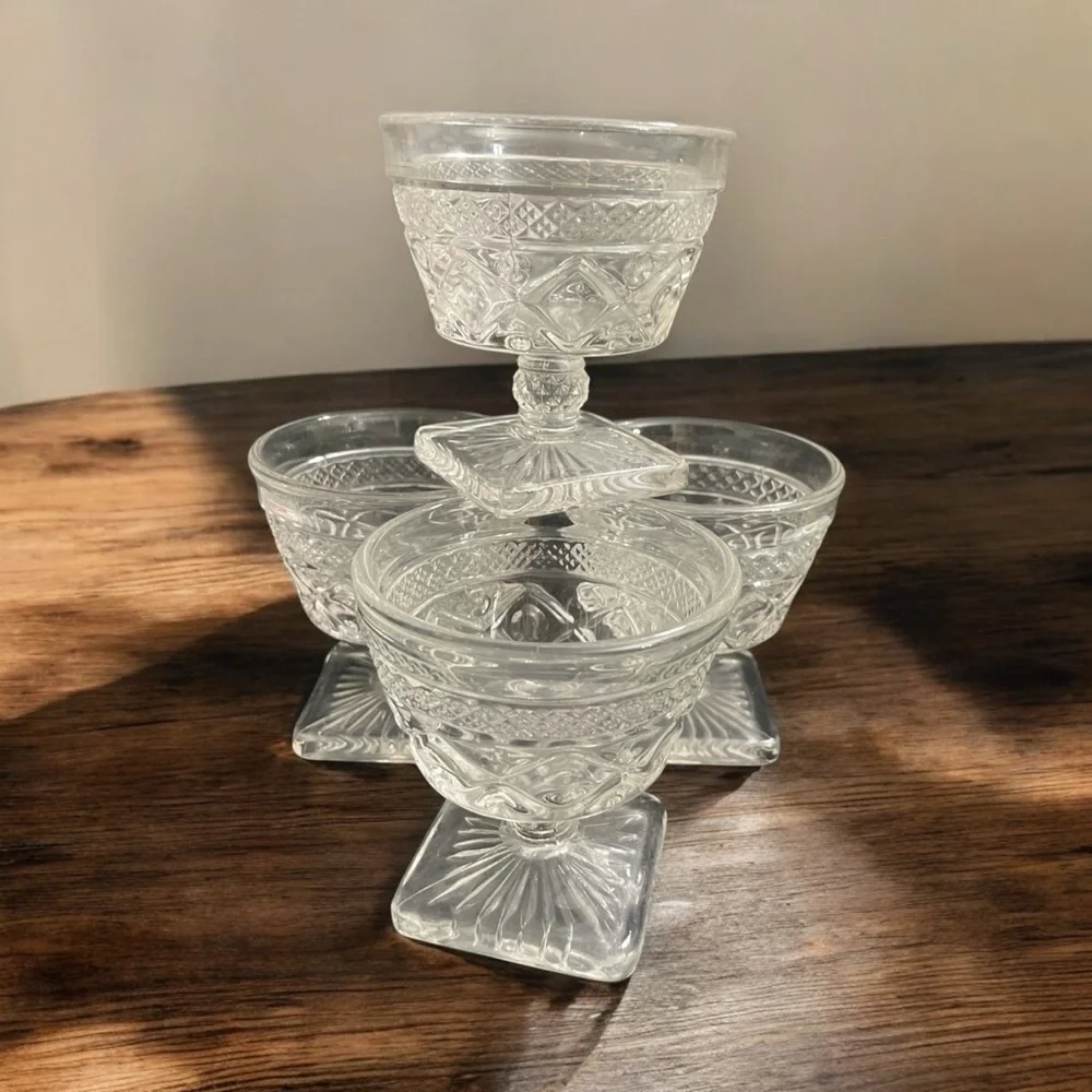 Imperial Glass Cape Cod Clear Footed Sherbet Bowls Set of 4 Square Base Dessert